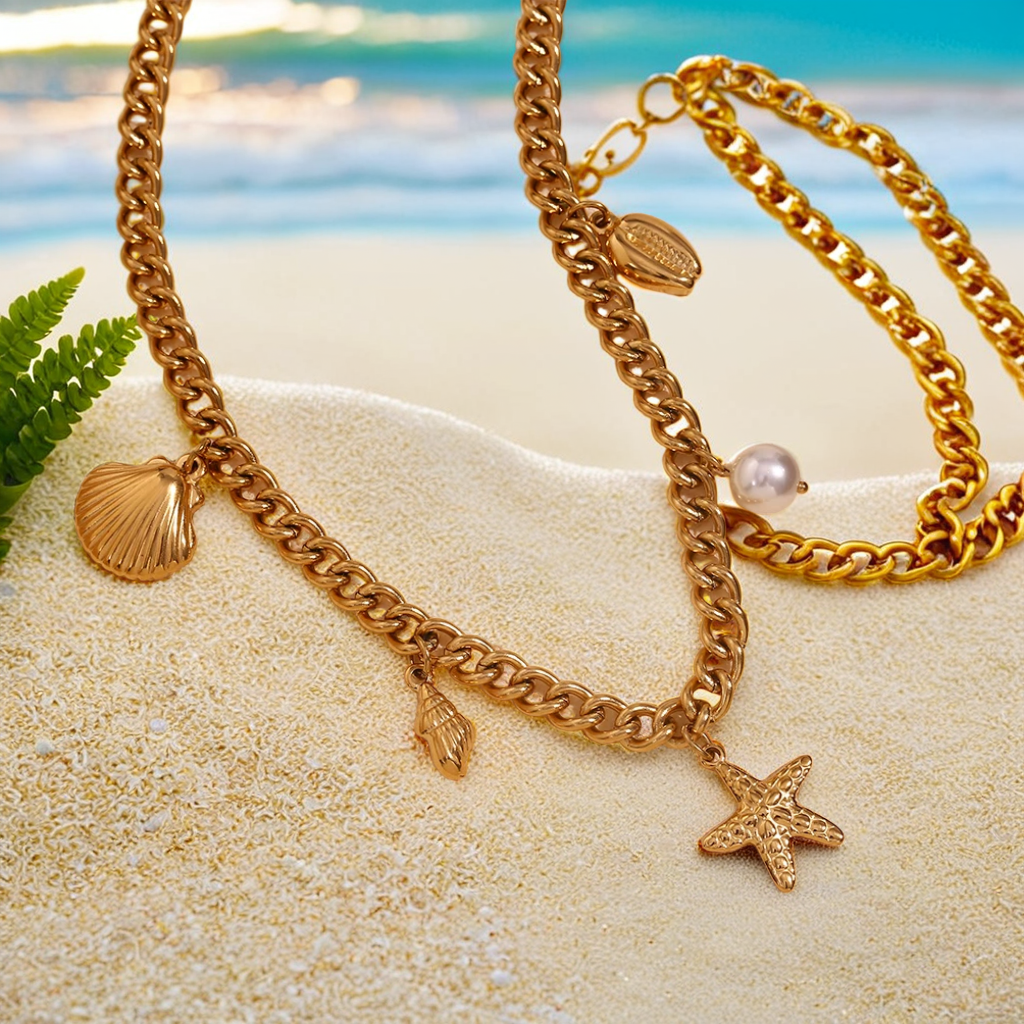 Aquatic Neckace With Starfish Shells Pendants