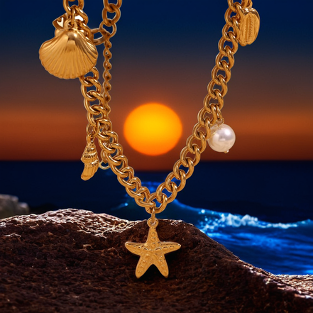 Aquatic Neckace With Starfish Shells Pendants