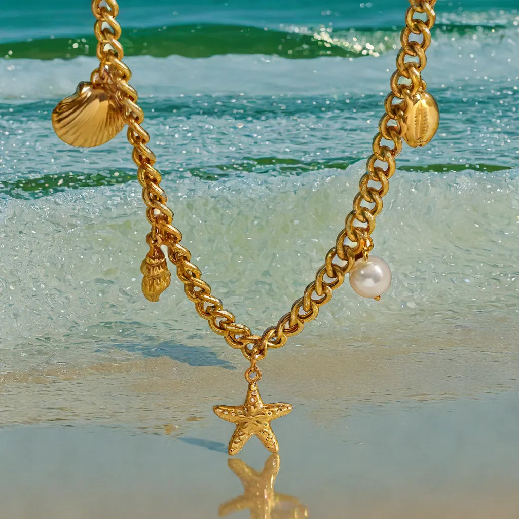 Aquatic Neckace With Starfish Shells Pendants