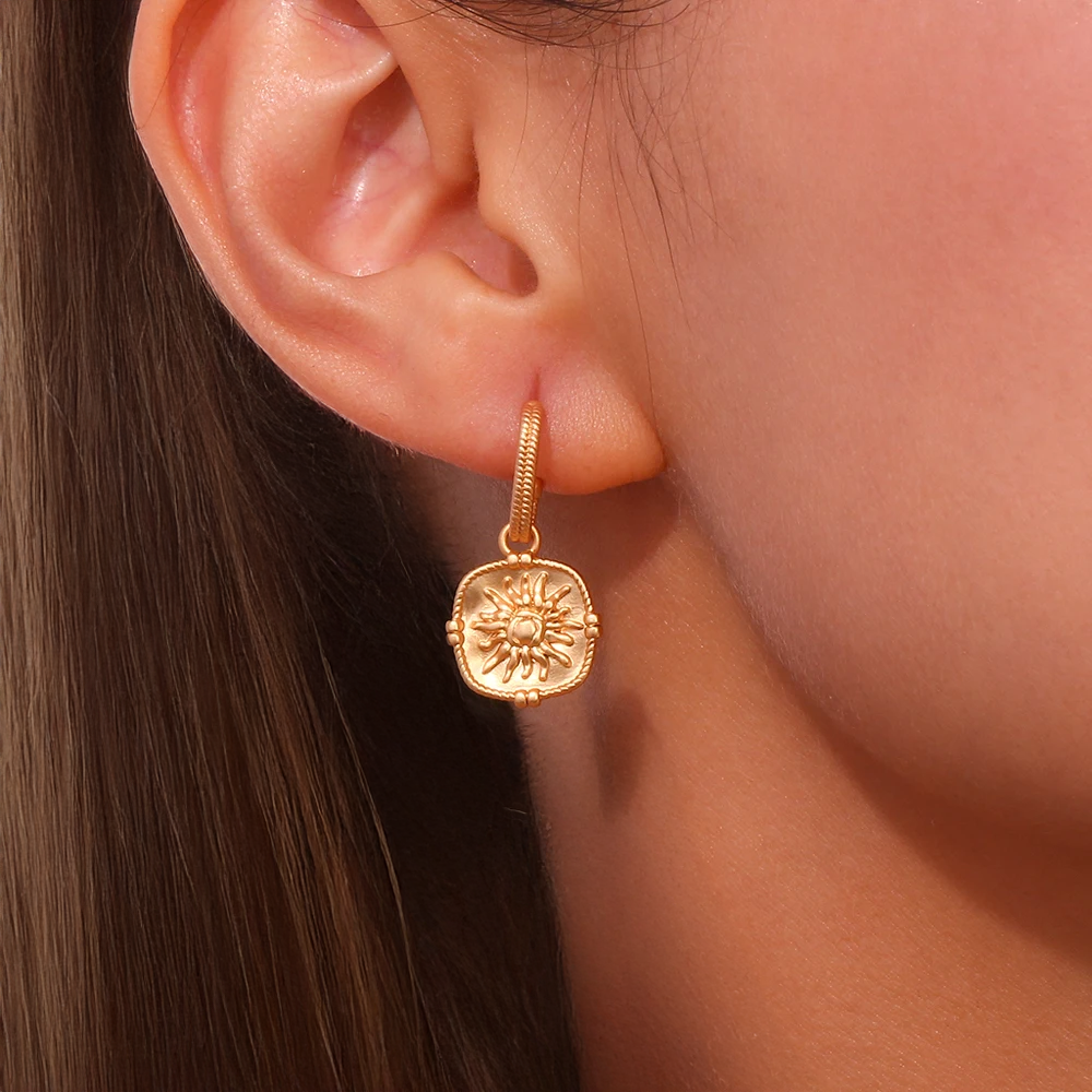 Sun Charm Pendant Drop Hoop Earrings