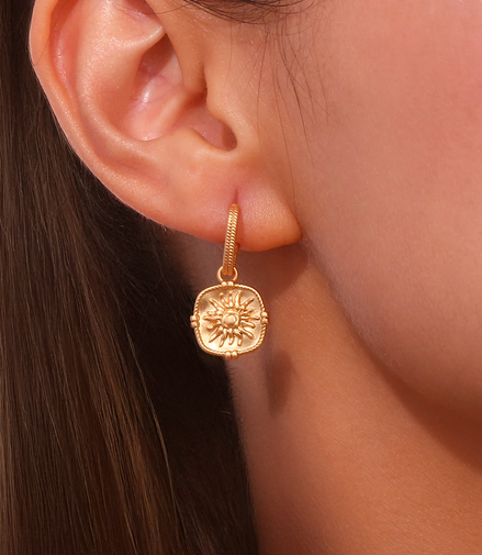 Sun Charm Pendant Drop Hoop Earrings