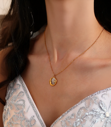 Natural Mother of Pearl Moon & Star Coin Necklace