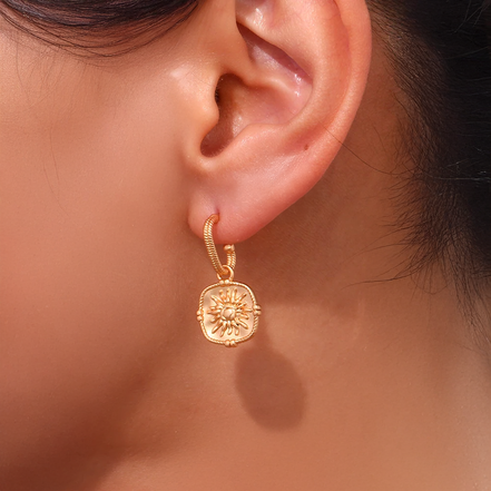 Sun Charm Pendant Drop Hoop Earrings