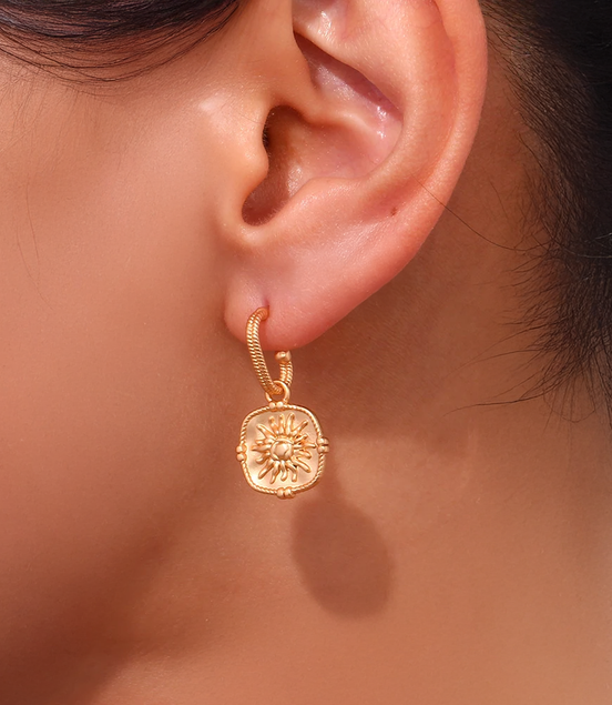 Sun Charm Pendant Drop Hoop Earrings