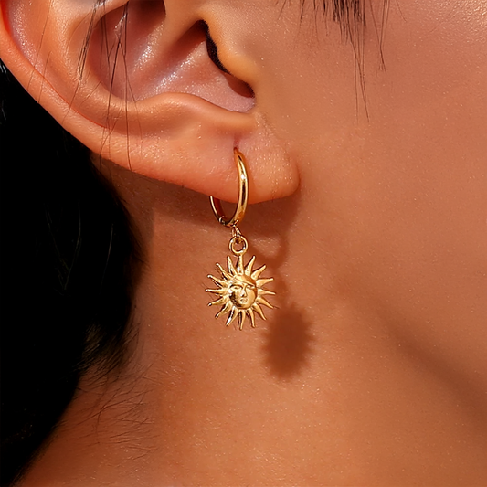 Cute 14K Gold Sun Pendant Hoop Earrings For Women