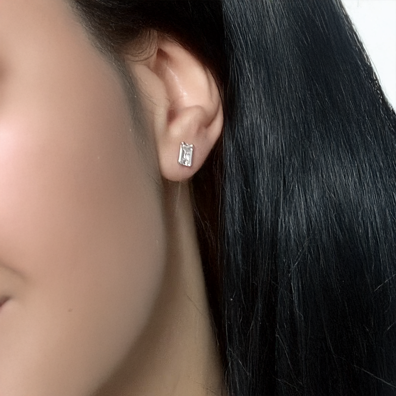 Emerald Cut Gem Stone 925 Sterling Silver Stud Earrings