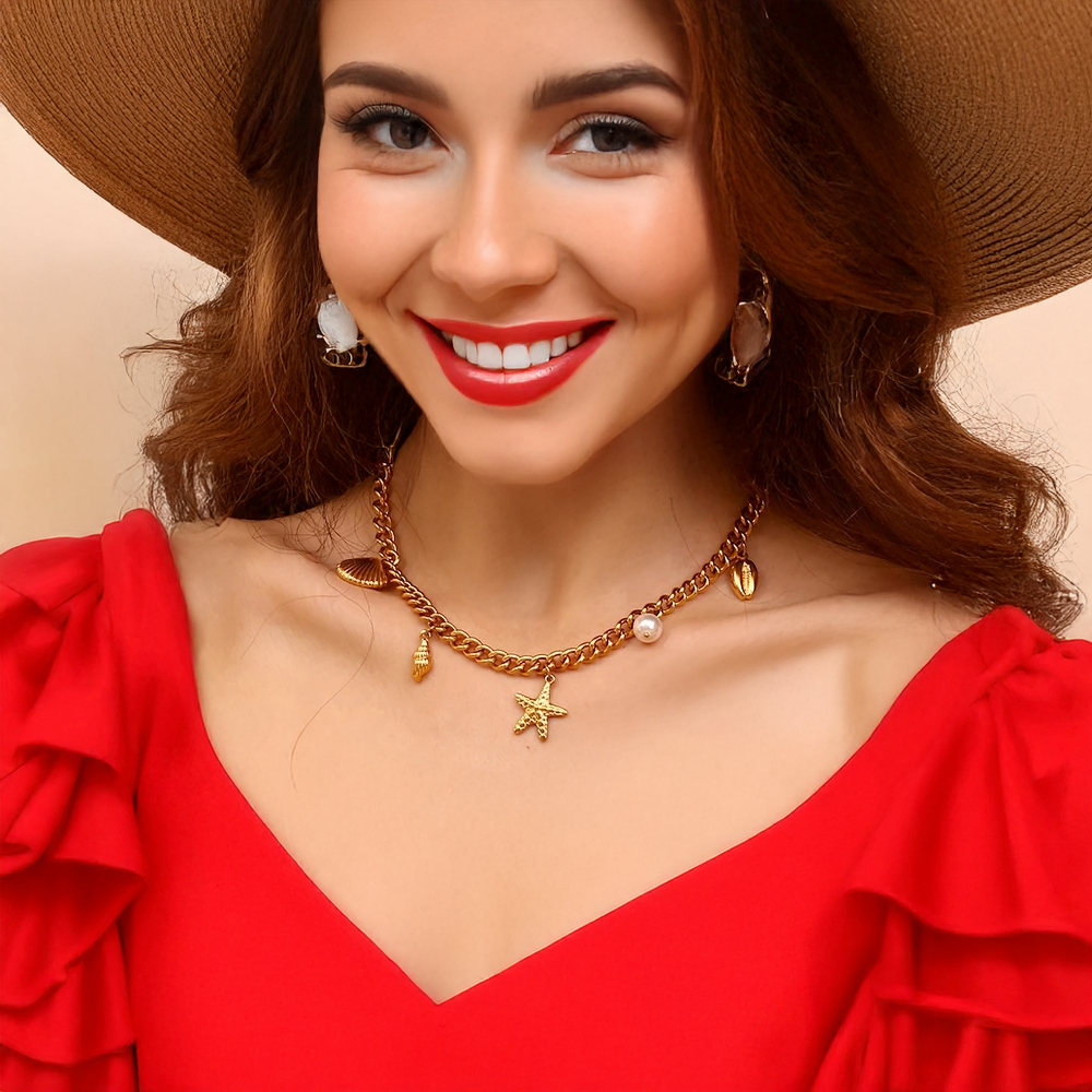 18K Gold Plated Aquatic Neckace With Starfish Shells Pendants | Coastal Necklace | Sea Beach Charms | Aquatic |