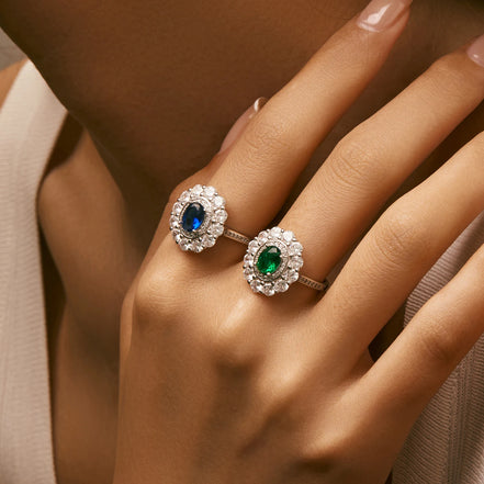 Sparkling Sapphire & Emerald Stone Sterling Silver Ring