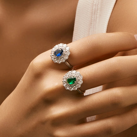 Sparkling Sapphire & Emerald Stone Sterling Silver Ring