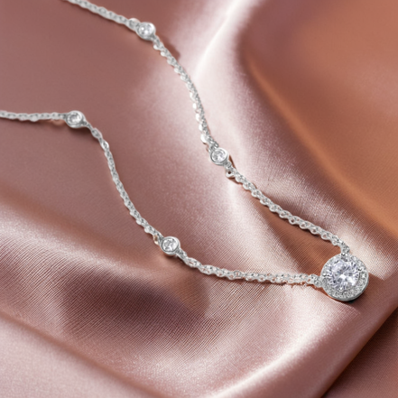 Multiple Sparkling Stone Pendant Sterling Silver Necklace
