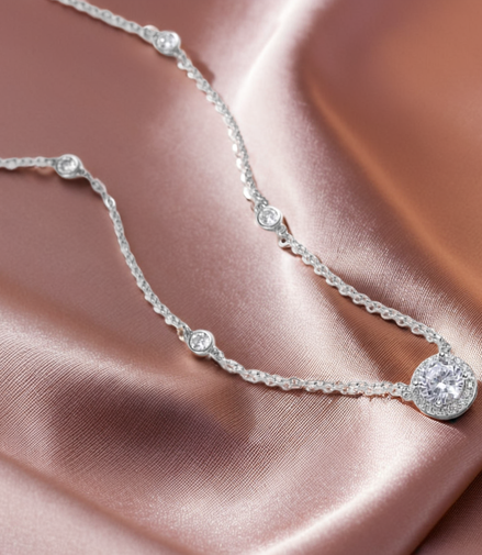 Multiple Sparkling Stone Pendant Sterling Silver Necklace