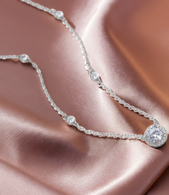 Multiple Sparkling Stone Pendant Sterling Silver Necklace
