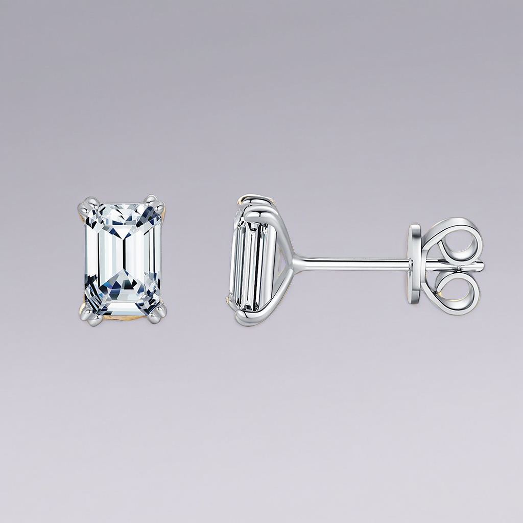 Emerald Cut Gem Stone 925 Sterling Silver Stud Earrings
