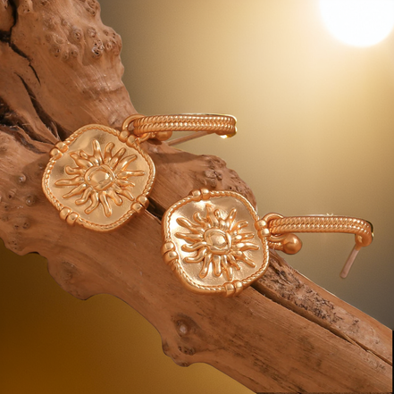 Sun Charm Pendant Drop Hoop Earrings