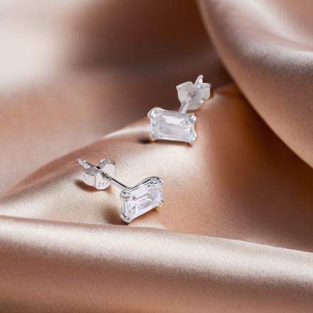 Emerald Cut Gem Stone 925 Sterling Silver Stud Earrings