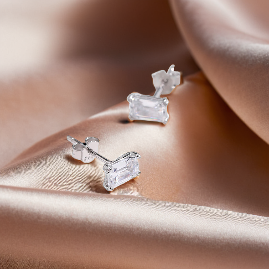 Emerald Cut Gem Stone 925 Sterling Silver Stud Earrings