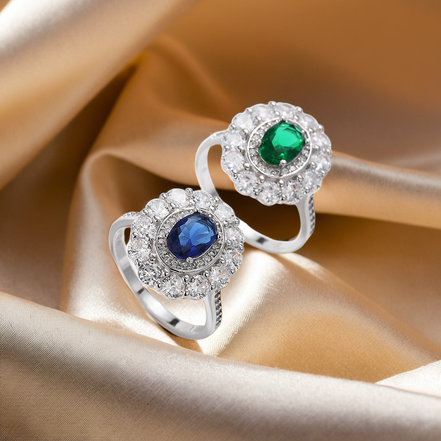 Sparkling Sapphire & Emerald Stone Sterling Silver Ring