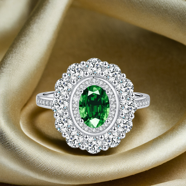 Sparkling Sapphire & Emerald Stone Sterling Silver Ring