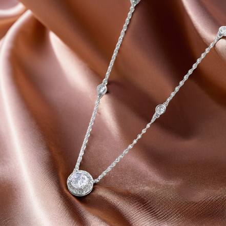 Multiple Sparkling Stone Pendant Sterling Silver Necklace