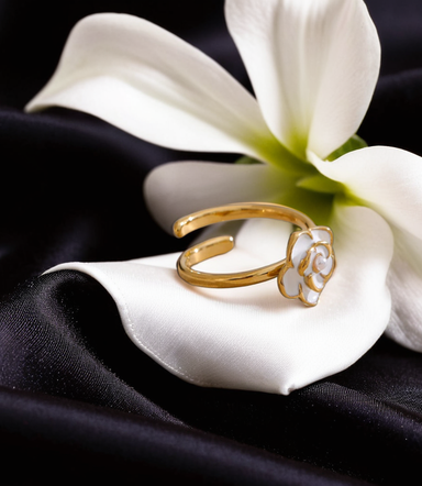 Adjustable  Pearl Enamel Flower Ring