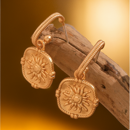 Sun Charm Pendant Drop Hoop Earrings