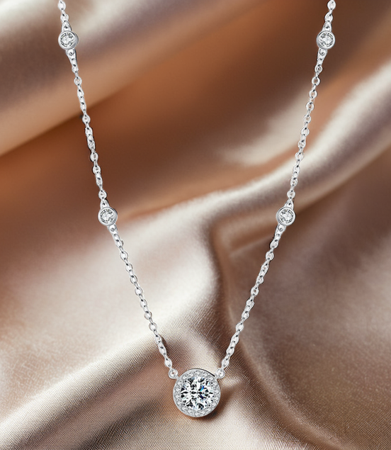 Multiple Sparkling Stone Pendant Sterling Silver Necklace